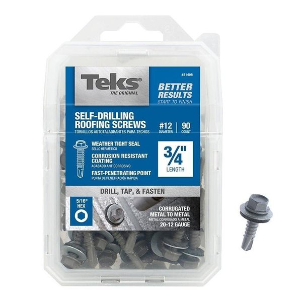 Teks Wood Screw, #12, Zinc Plated Steel 21408